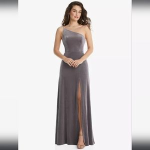 After Six One-Shoulder Spaghetti Strap Velvet Maxi Dress In Caviar Gray 12 NWT